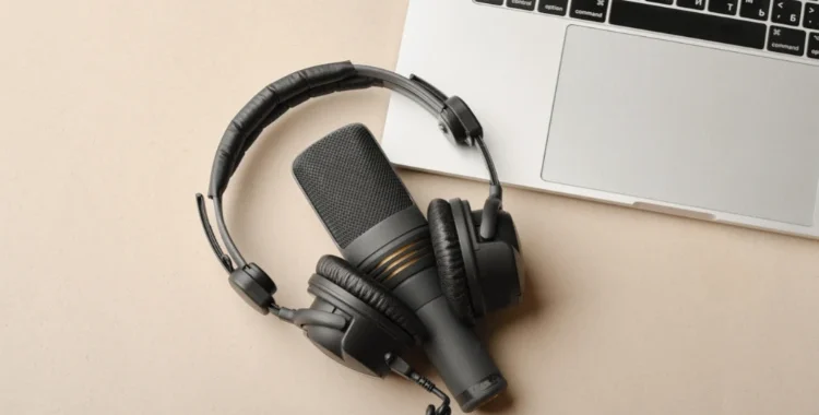 Composição plana com microfone para podcasts e fones de ouvido de estúdio pretos em fundo marrom com café e laptop aprendendo conceito de educação onlinexa boyarkinamarina